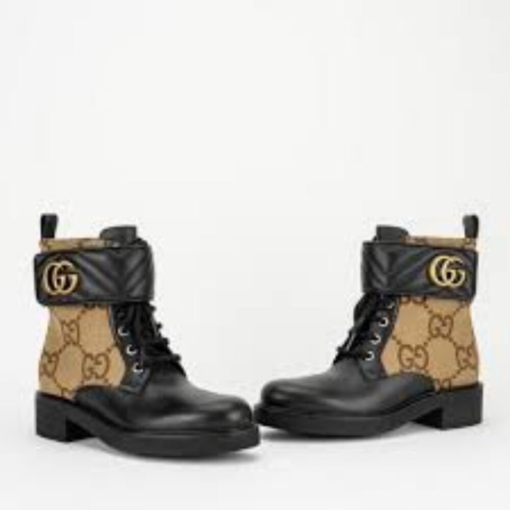 Womens Gucci Flores Ebony Mocha Guccissima Canvas Leather Moto Booties 3…